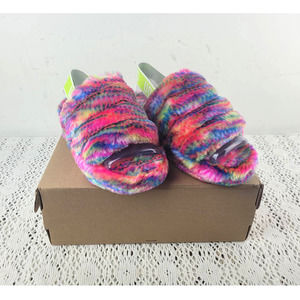 NEW UGG Pink Lime Green Fluff Yeah Pink Pixelate Furry Sandals Slippers 6